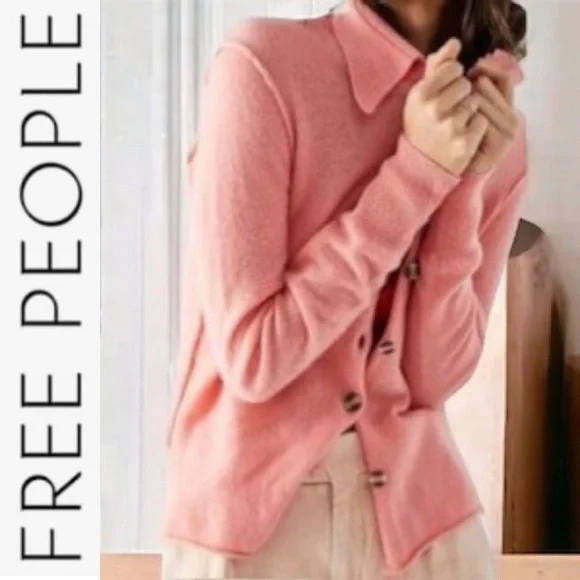 Last Day NWT Free People 100% Cashmere Paloma Cardi coral - Picture 4 of 16